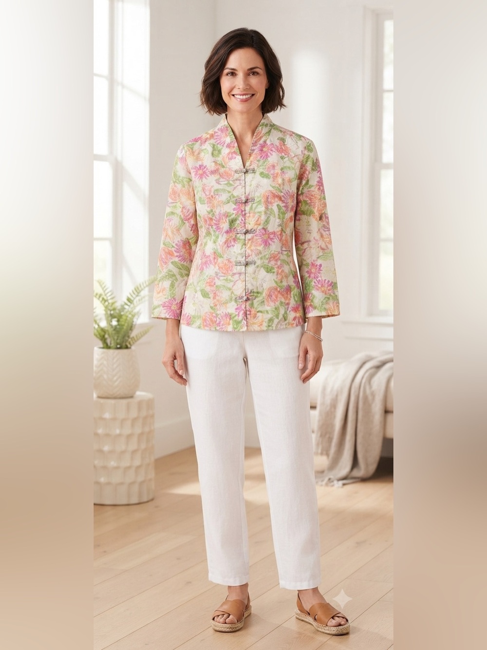 Christopher & Banks 100% Cotton Frog Closure Mandarin Collar Floral Woman's Top